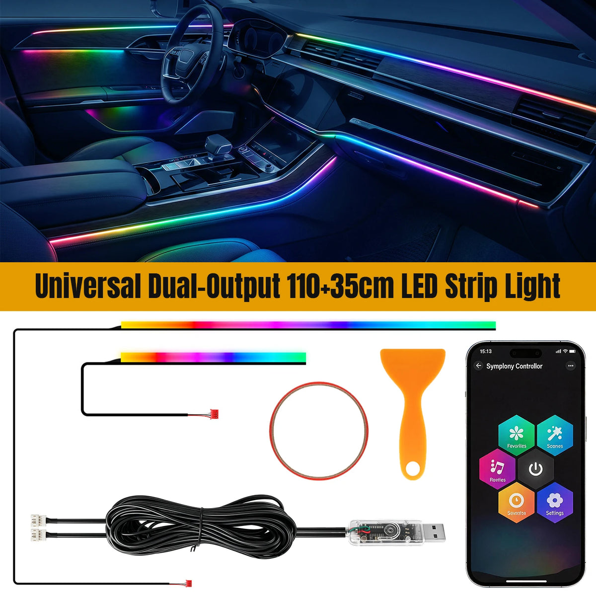 2 in 1 Emitting Color Car Interior RGB Ambient Light Kit With App & Music Sync