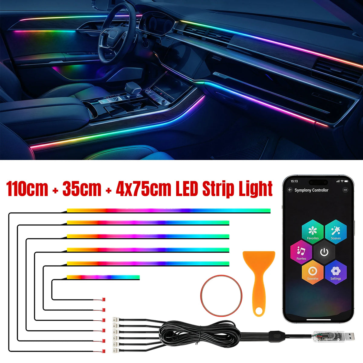 6 in 1 Emitting Color Car Interior RGB Ambient Light Kit With App & Music Sync